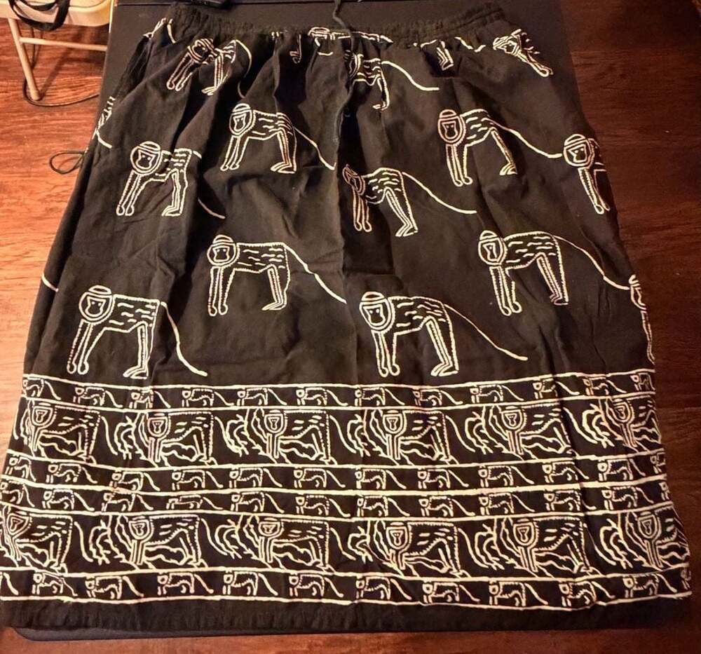 Vintage Boho Monkey Tribal Print Black Cotton Skirt Free Size